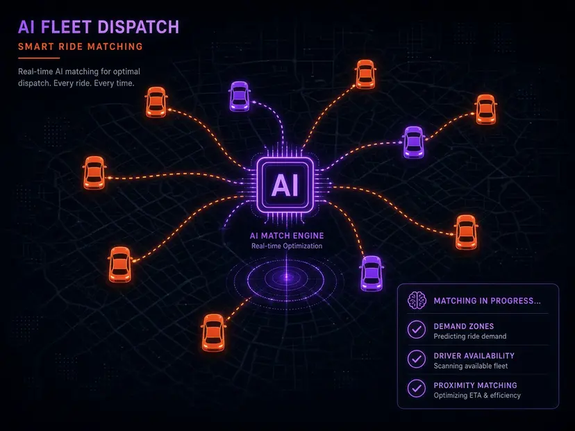 AI fleet dispatch map with smart ride matching