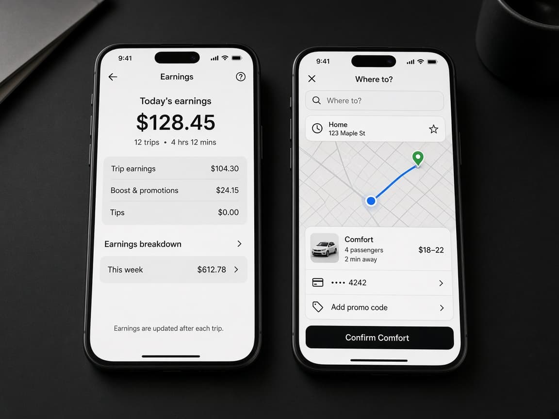 Two phones showing driver earnings and passenger booking screens