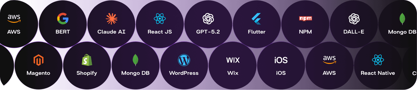 Technology stack logos and tools used for mobile app development