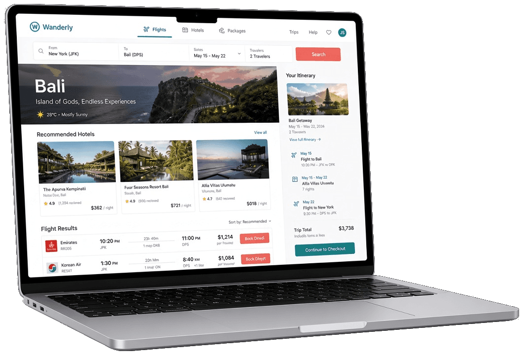 Laptop mockup showing travel booking app with flights hotels and packages