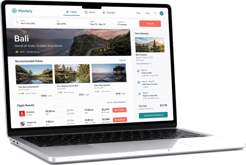 Laptop mockup showing travel booking app with flights hotels and packages