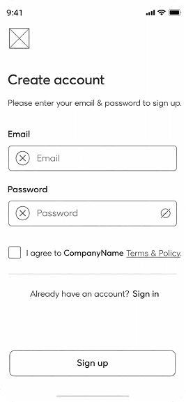Finexa wireframe — create account