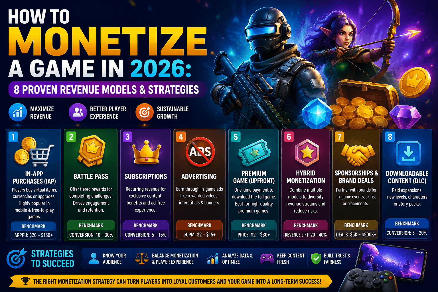 How to monetize a game in 2026 showing 8 proven revenue models and strategies for mobile and PC game developers