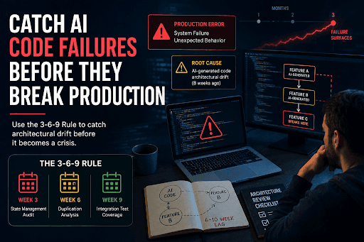 Developer reviewing AI-generated code with warning symbols highlighting technical debt, maintainability issues, and long-term software reliability concerns.