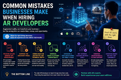 Common mistakes businesses make when hiring AR developers for augmented reality app development and project success.