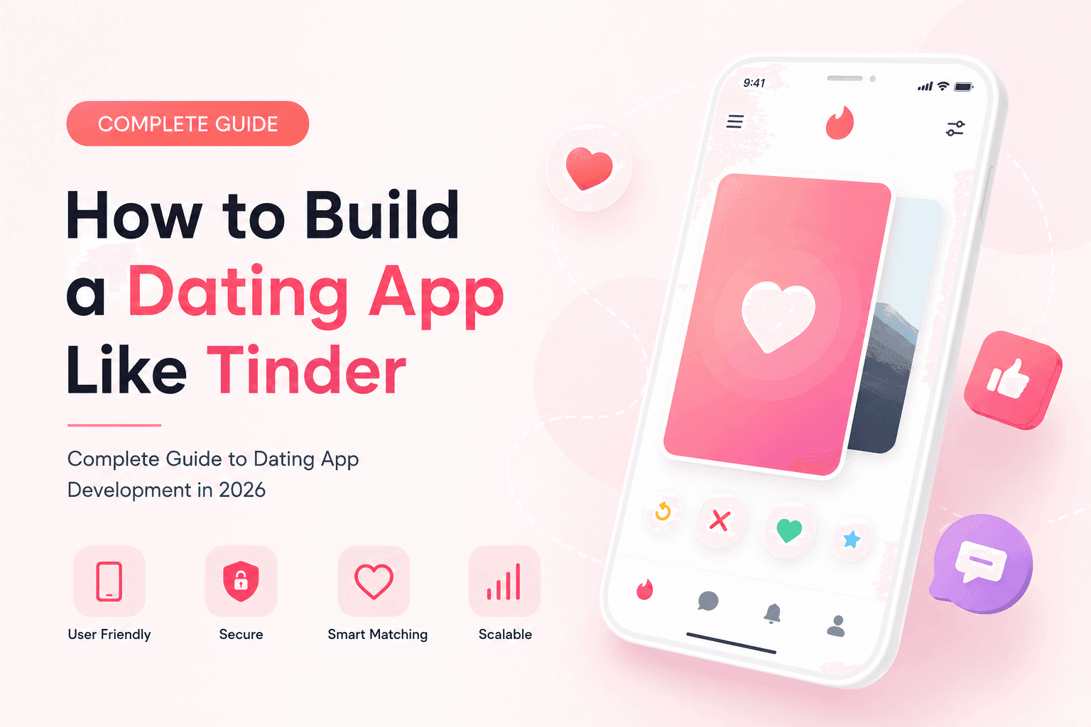 How to Build a Dating App Like Tinder – Complete Guide to Dating App Development in 2026 featuring a modern dating app interface, smartphone UI, and young professionals using a mobile dating application.