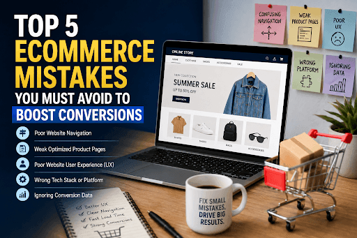 Top 5 eCommerce mistakes to avoid for better conversions, improved user experience, stronger engagement, and increased online sales.