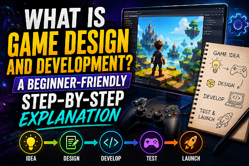 A layout illustrating the game design and development process for beginners.