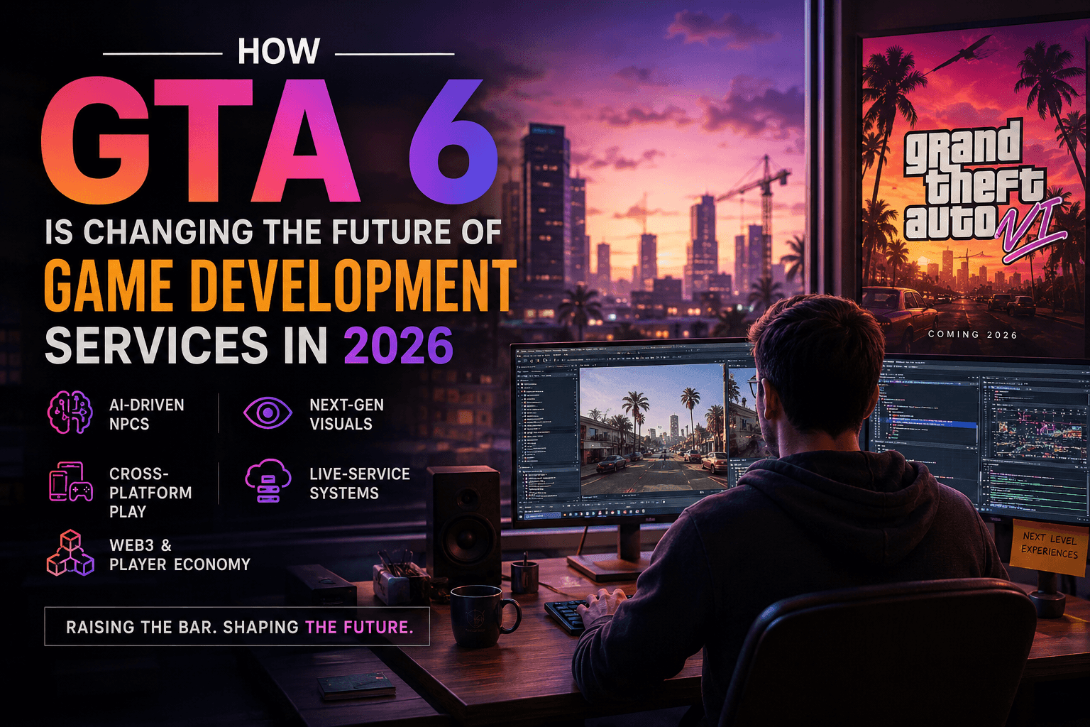 Futuristic GTA 6-inspired game development concept showing open-world graphics, AI-powered gaming technology, and next-generation game development services in 2026.