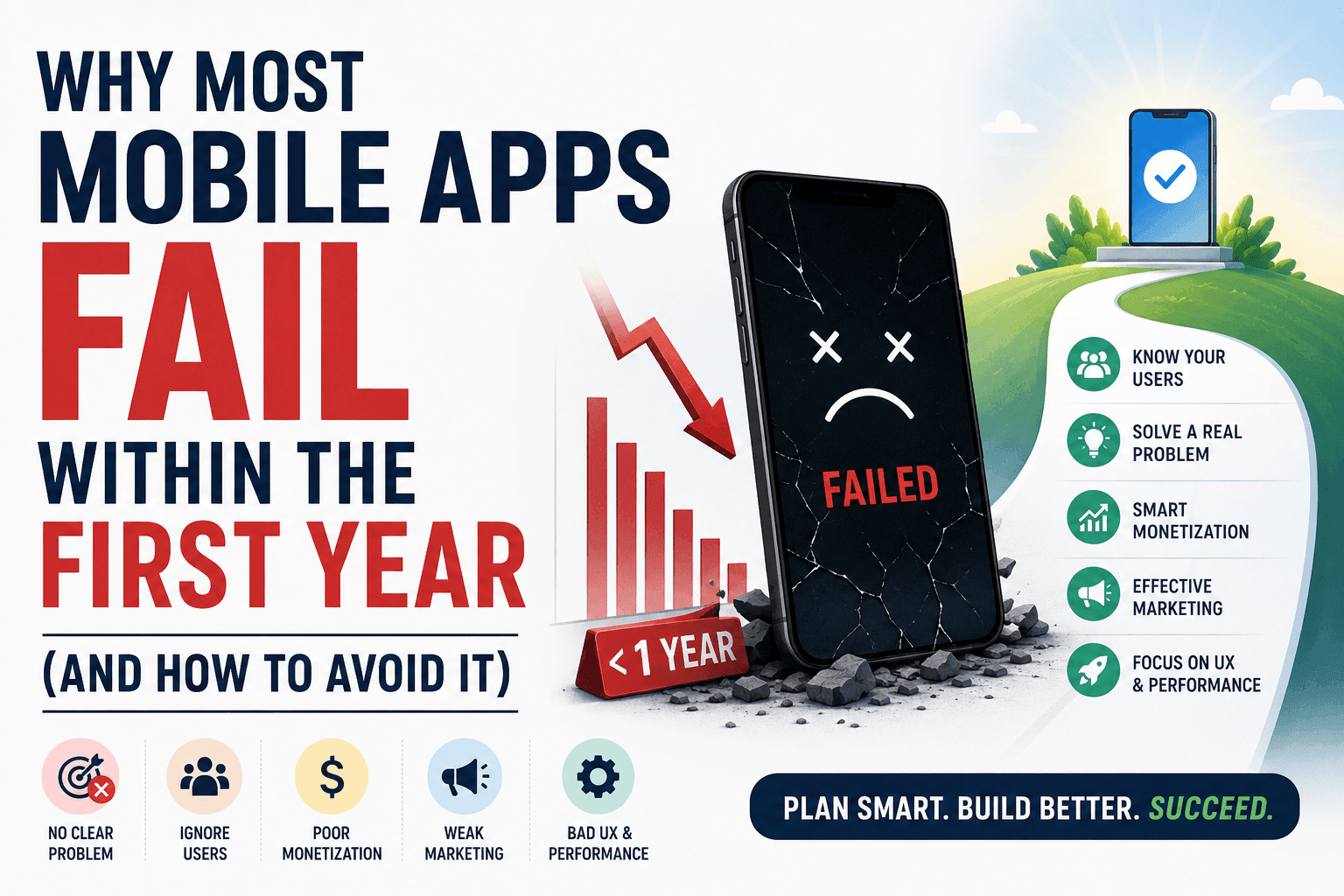 Why Most Mobile Apps Fail Within the First Year infographic showing a failed mobile app, key failure reasons, and strategies to build a successful app.