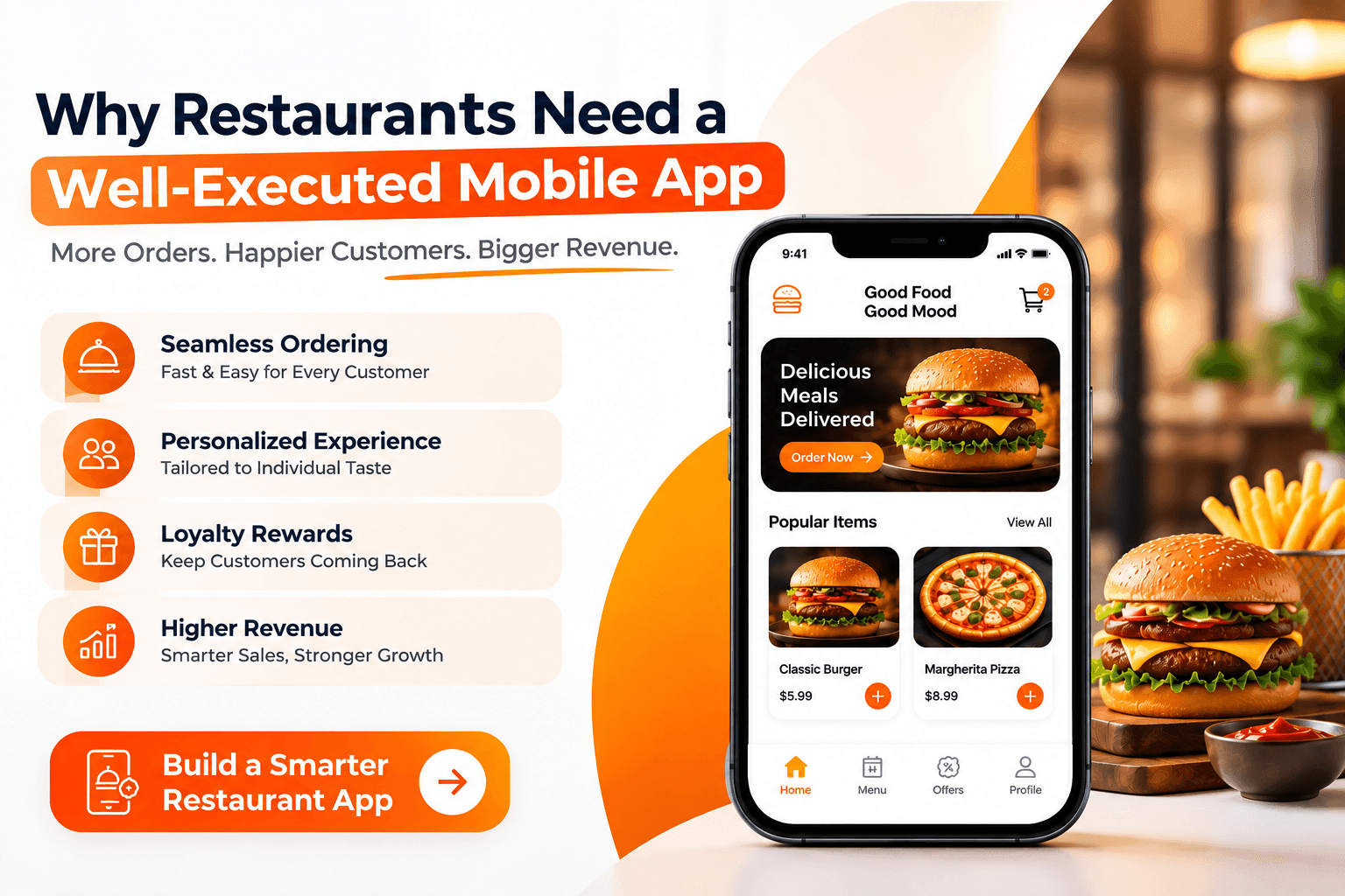Well-executed restaurant mobile app designed for seamless ordering, personalized experiences, loyalty rewards, and increased restaurant revenue.