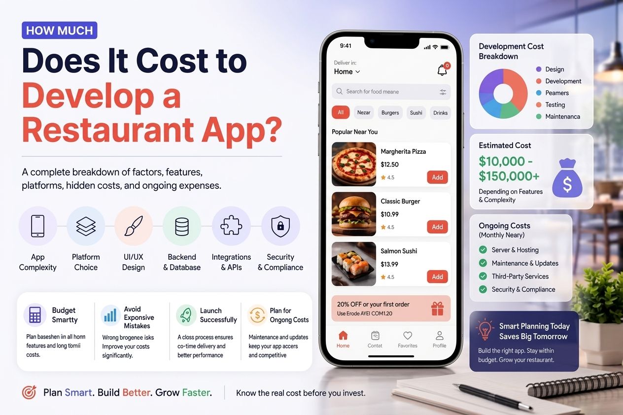 Restaurant app development cost estimate showing features, development stages, and pricing for building a restaurant mobile app.
