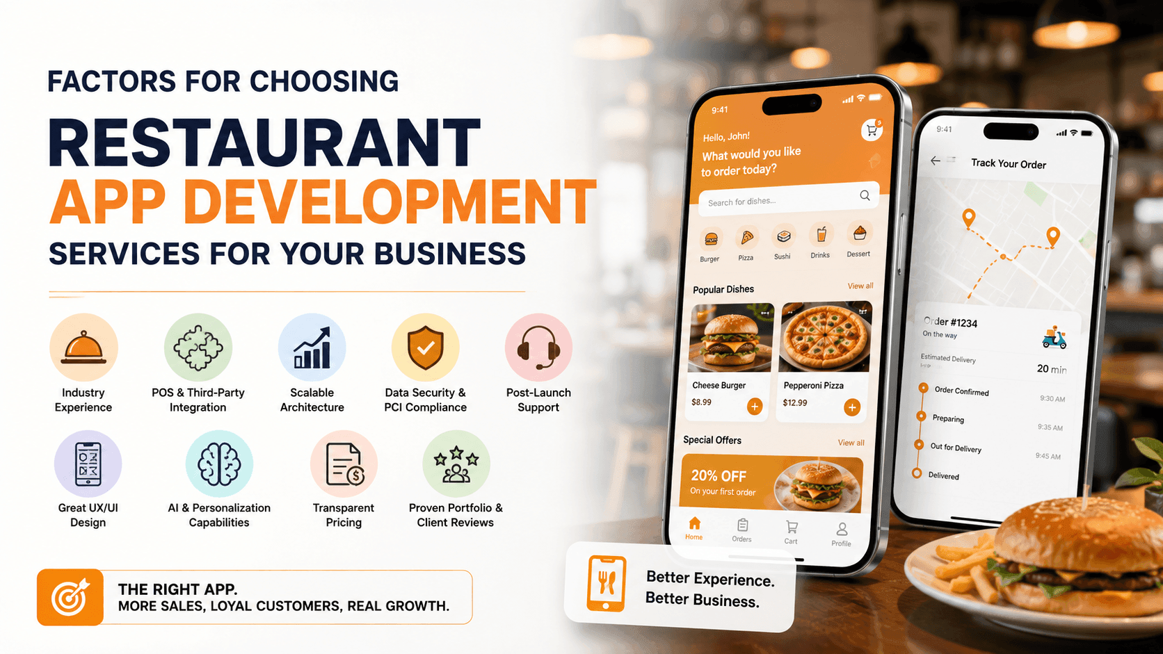 Factors to consider when choosing a restaurant app development company, including experience, features, technology, cost, and support.