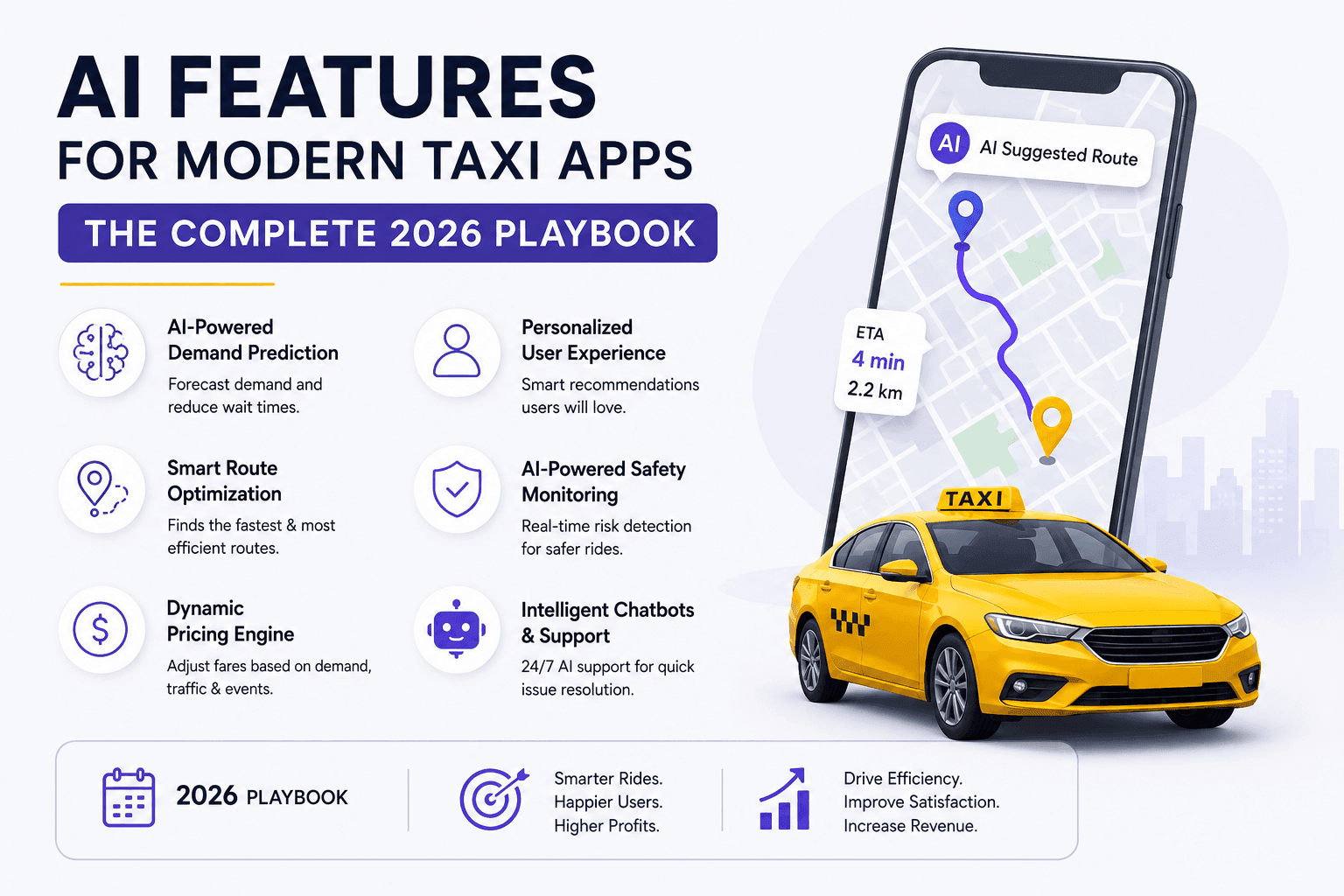 AI Features for Modern Taxi Apps – Complete 2026 Playbook featuring AI route optimization, smart pricing, chatbot, safety monitoring, and ETA prediction.