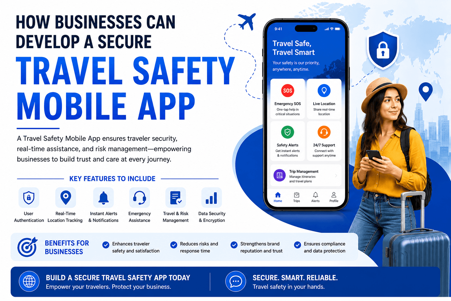 Travel safety mobile app development with AI risk monitoring, SOS alerts, and enterprise security features.