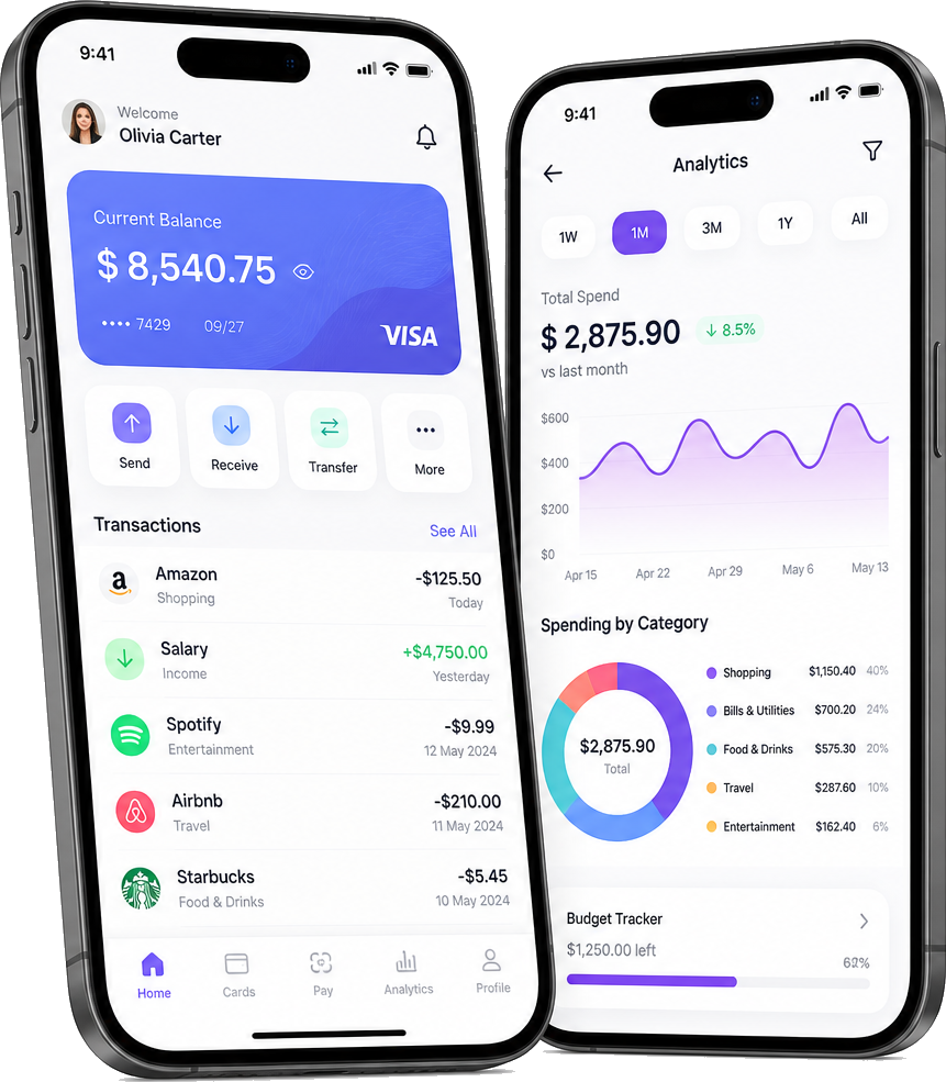 Android phone mockups showing fintech and productivity app case study screens