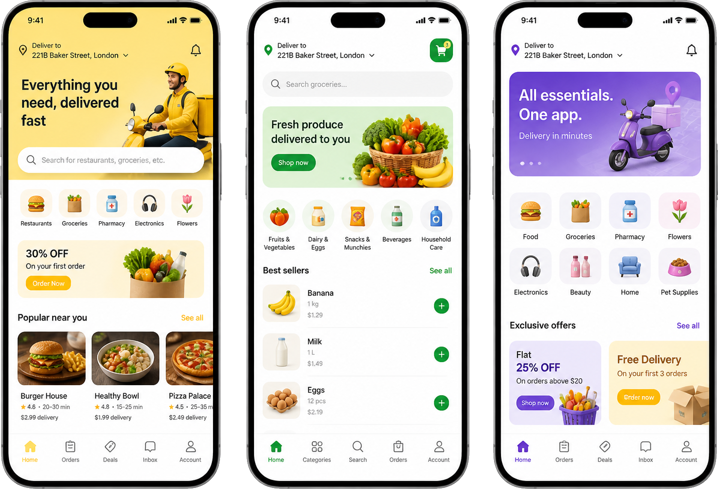 Android on-demand marketplace and delivery app case study screens