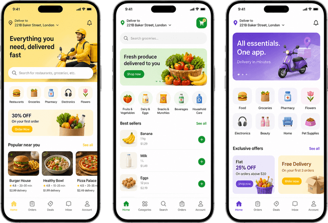 Android on-demand marketplace and delivery app case study screens