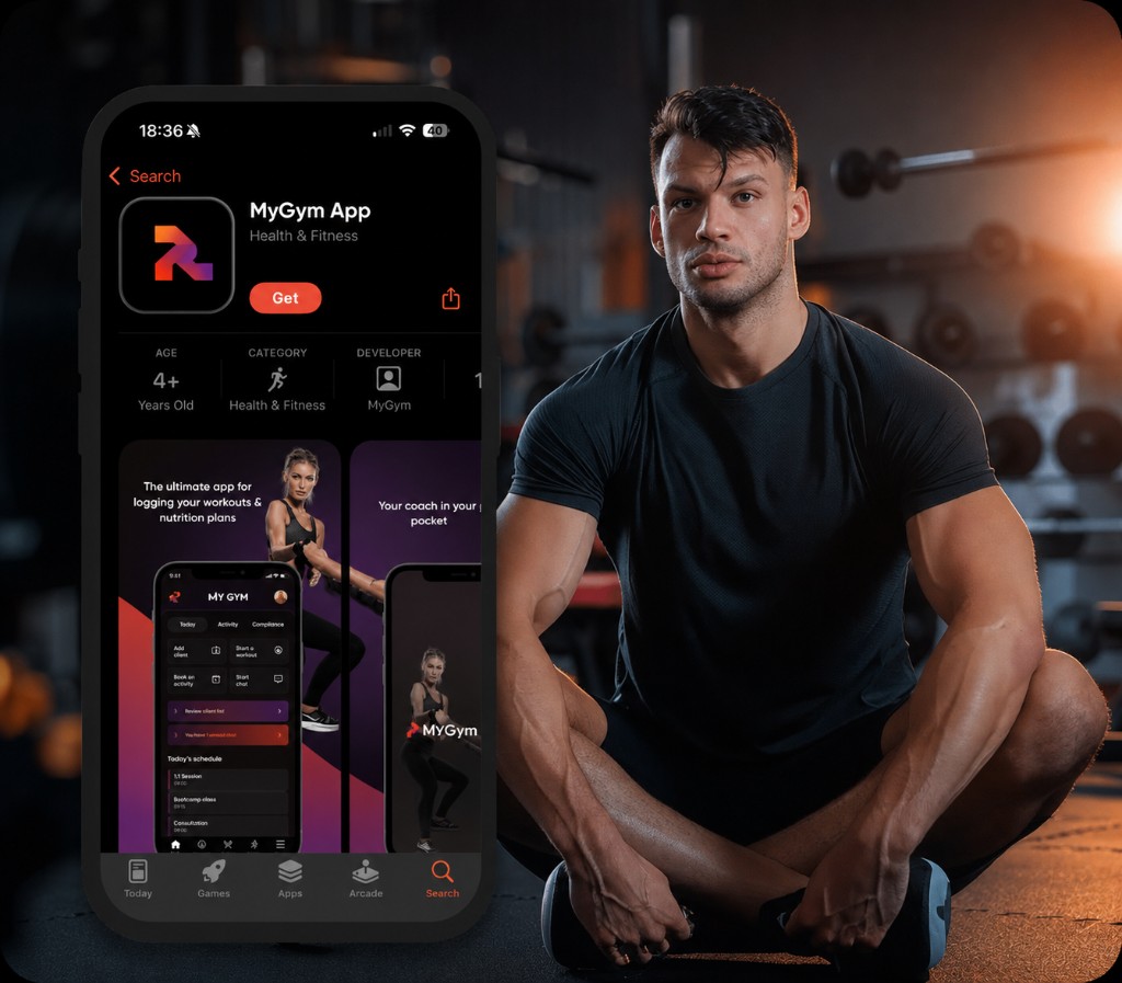 Apex Fitness app store preview on a phone beside a fitness athlete in the gym