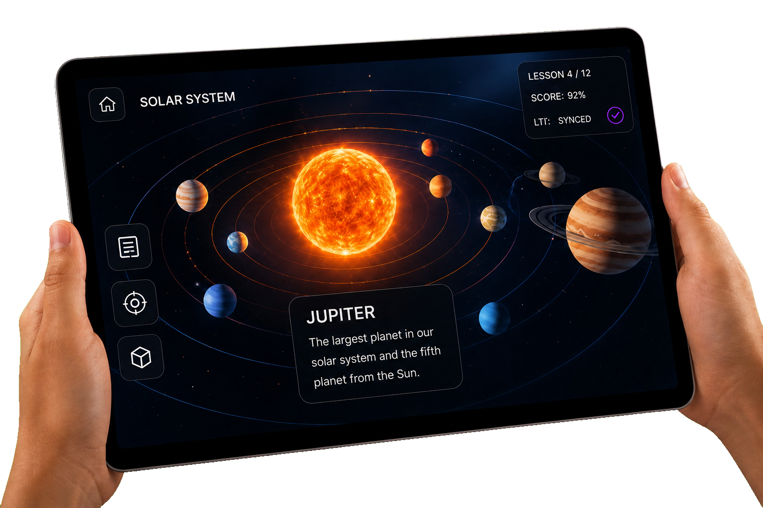 Hands holding a tablet showing an AR solar system lesson with Jupiter highlighted