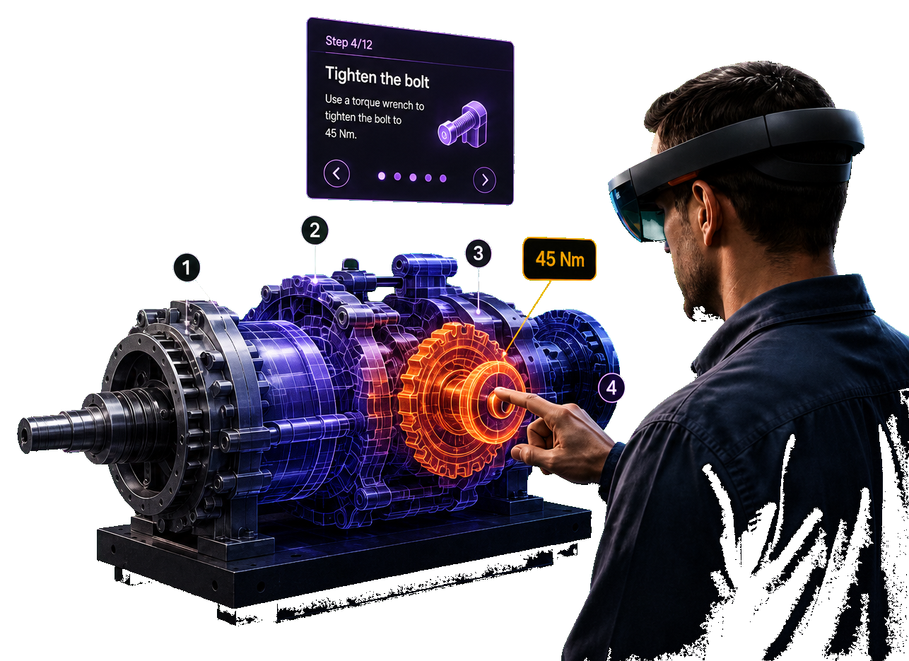 Worker in an AR headset following step-by-step overlays on industrial equipment, including torque guidance to 45 Nm