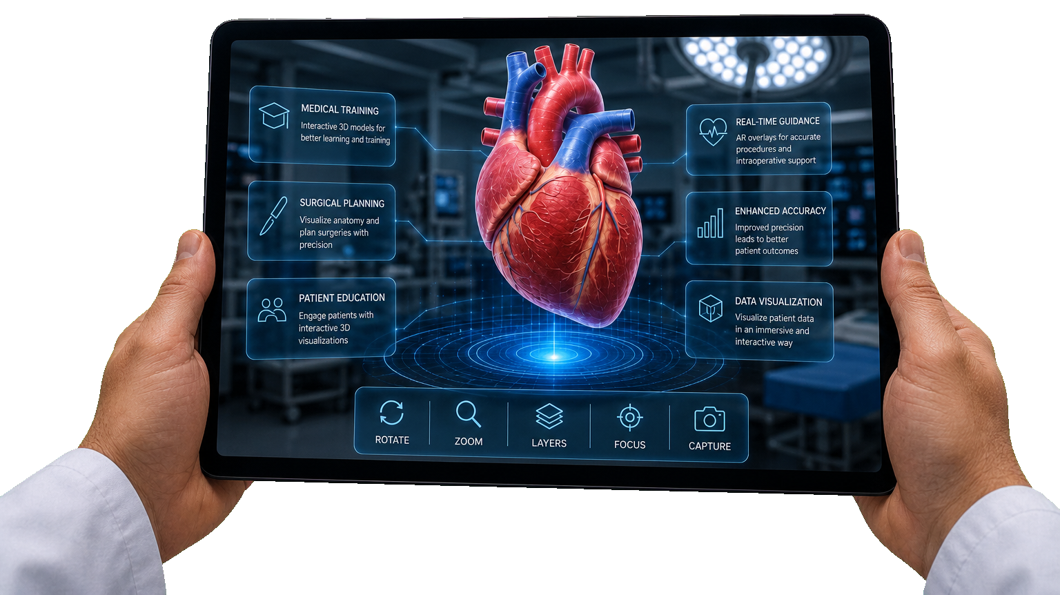 Clinician holding a tablet with a 3D AR human heart and medical training interface panels