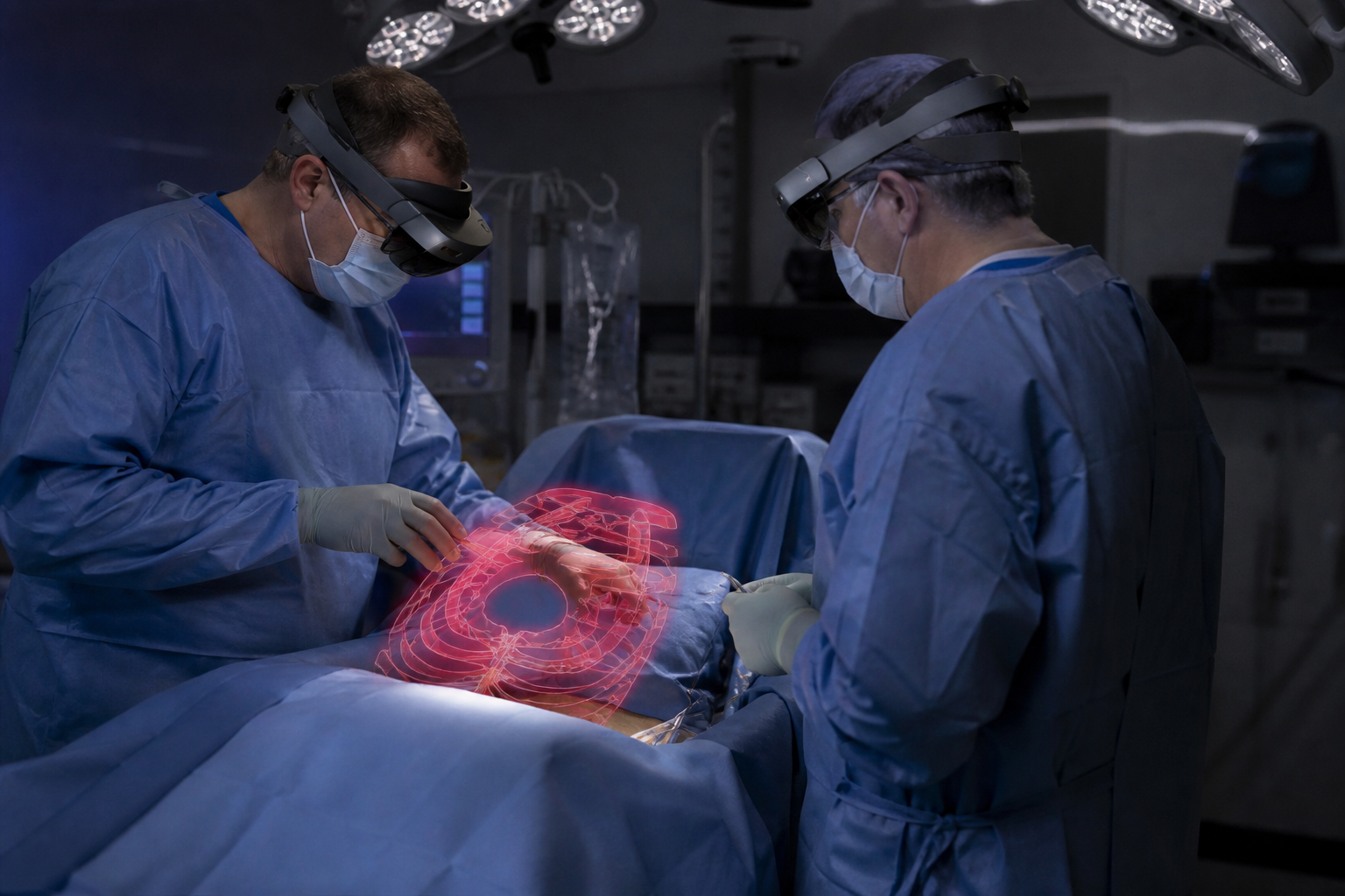 Surgical team in an operating room with holographic organ overlay