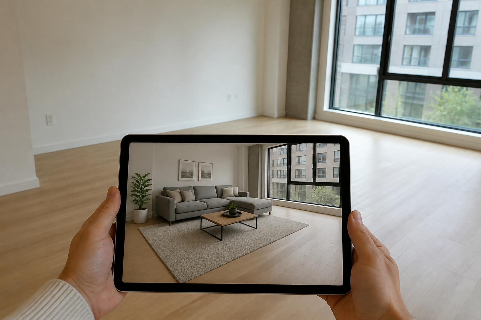 Empty unit with tablet showing AR furniture staging overlay