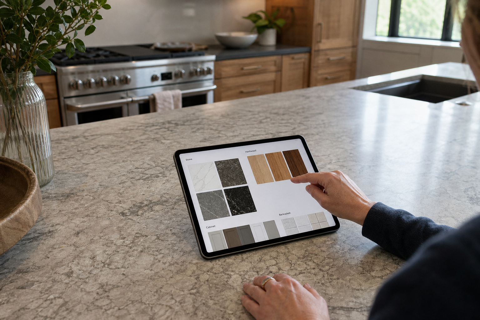 Kitchen countertop with tablet finish material swatches