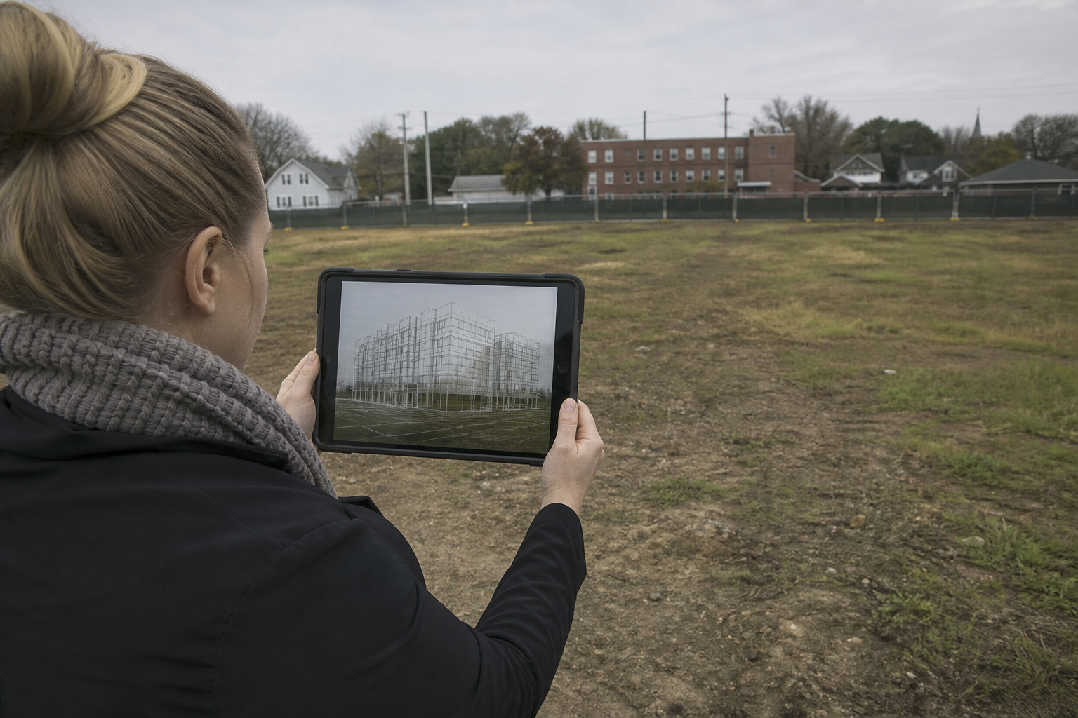 Vacant lot with tablet showing building massing overlay