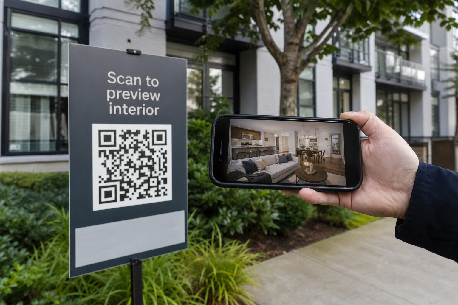 Yard sign with QR code and phone showing staged property preview