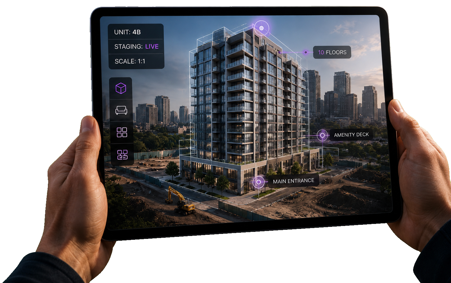 Hands holding a tablet showing an AR overlay of a finished apartment building on a construction site with floor and amenity callouts