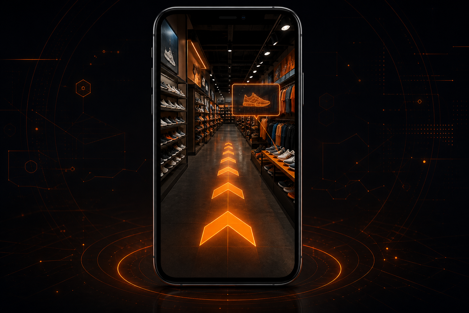 Phone showing orange AR wayfinding arrows on a retail store aisle floor