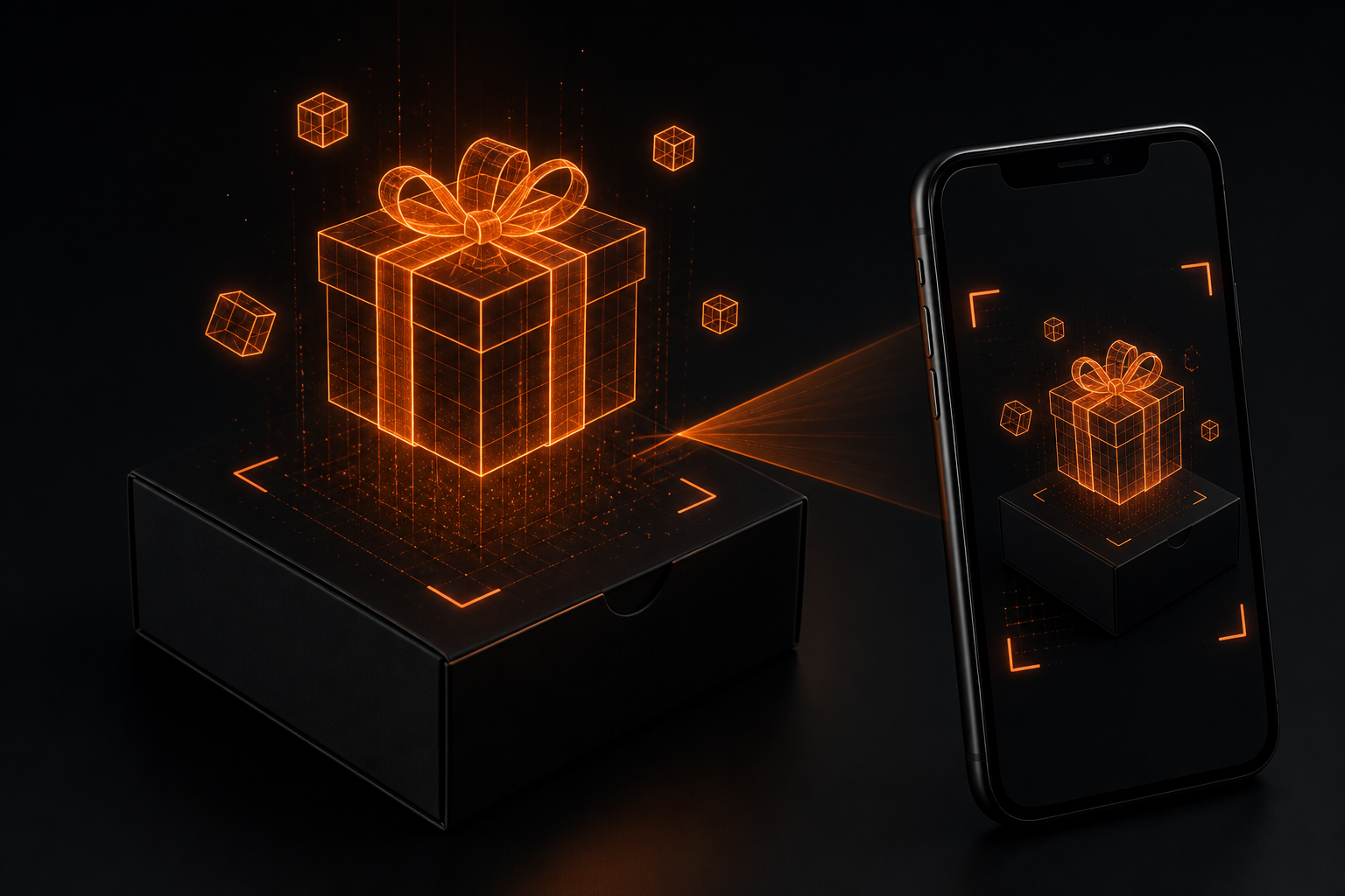 Product box with orange holographic AR gift icons floating above it beside a phone