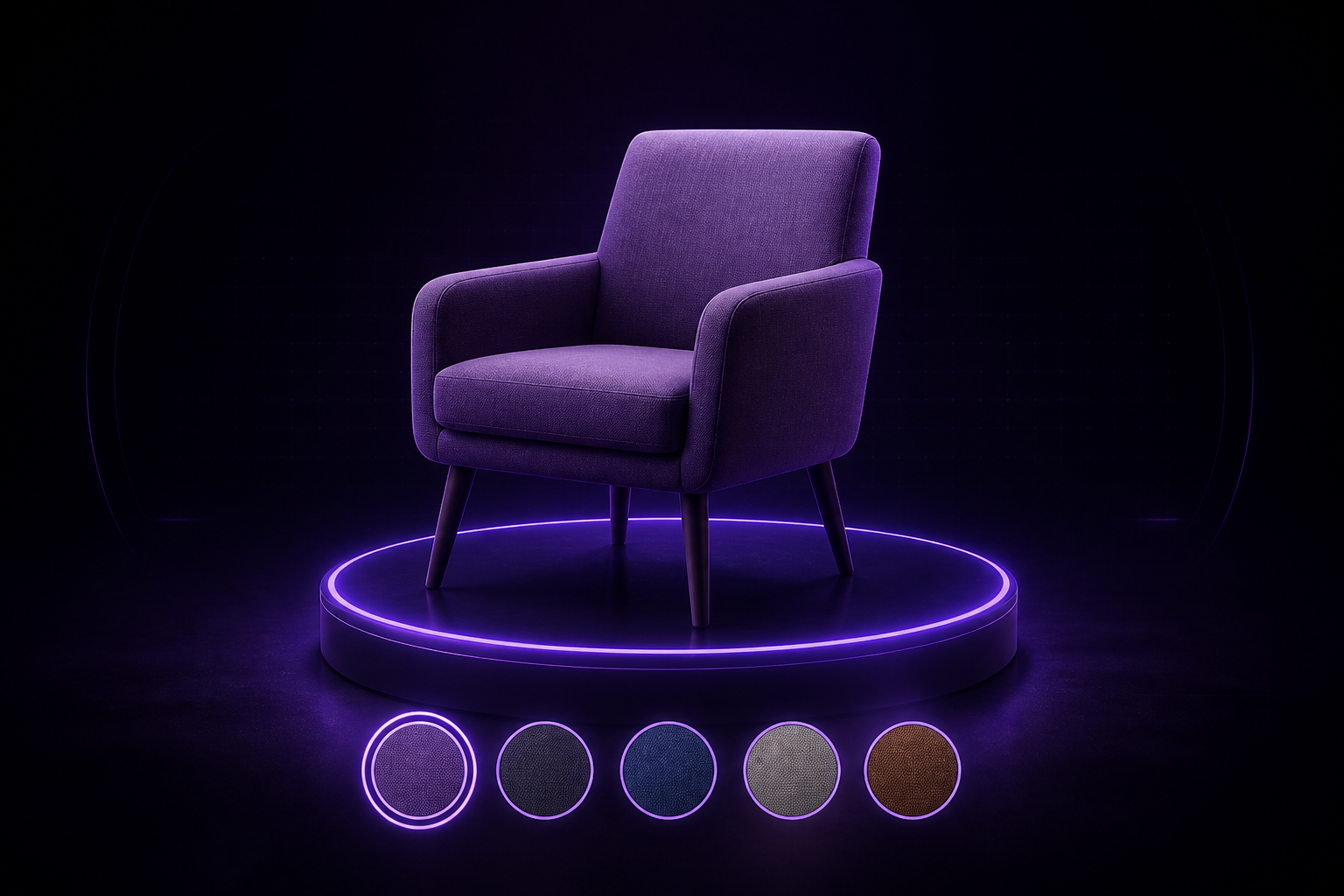 Purple armchair on a glowing pedestal with color swatch selector circles
