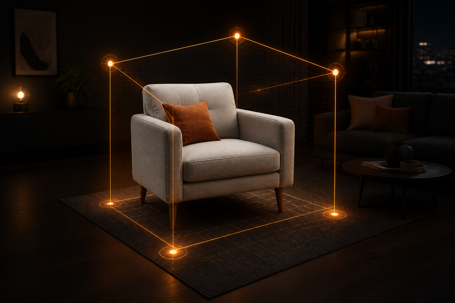 AR armchair placed in a living room with orange placement tracking markers
