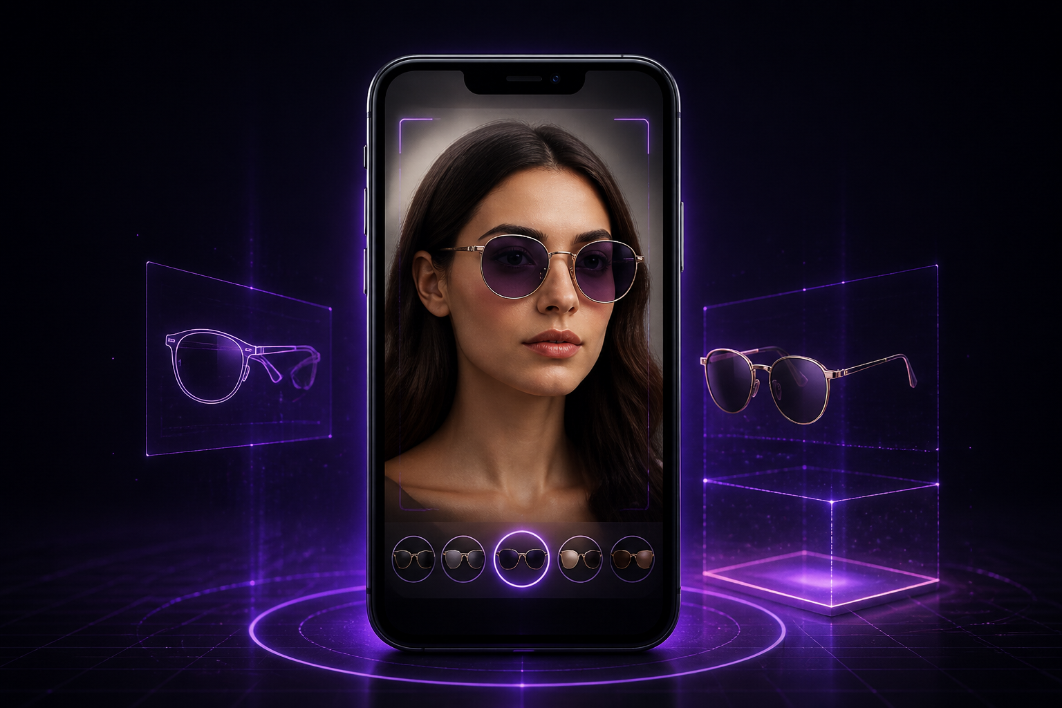 Smartphone showing a woman virtually trying on sunglasses with AR face tracking