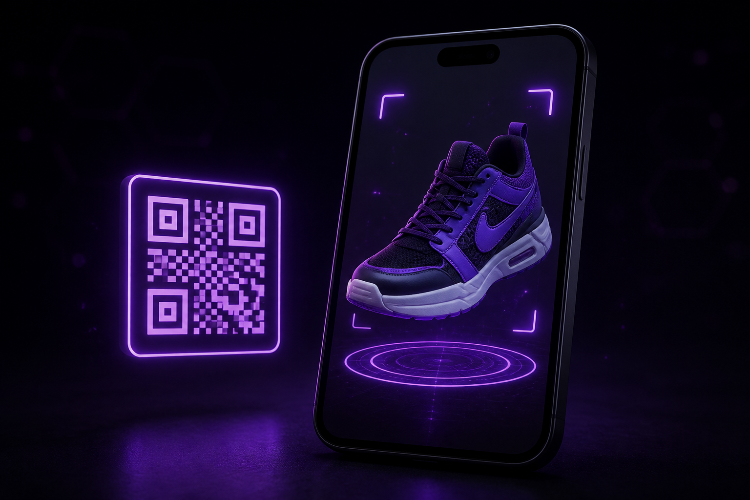 Phone displaying a 3D sneaker in WebAR next to a glowing purple QR code