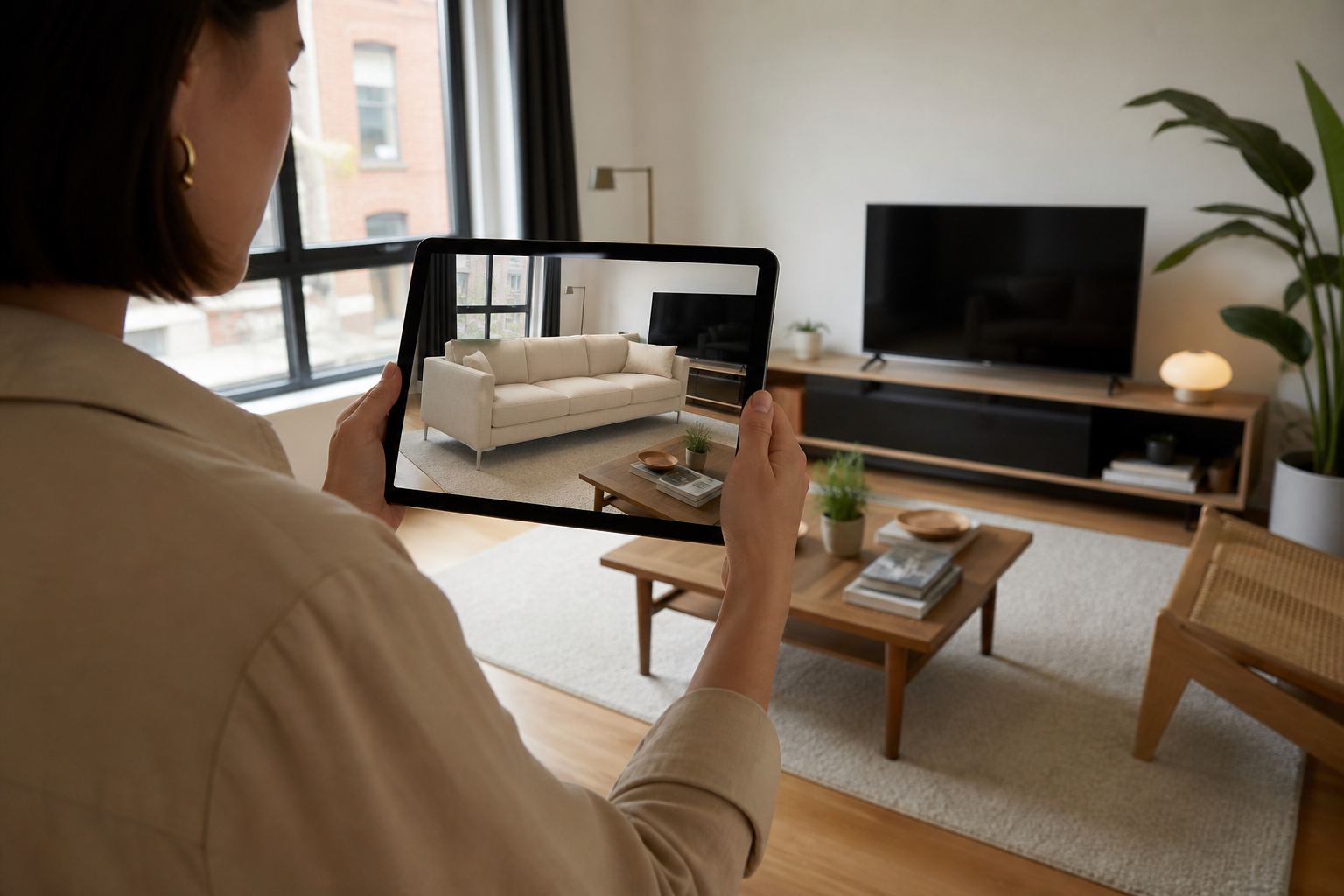 Person previewing a sofa in their living room using an AR placement app on a tablet