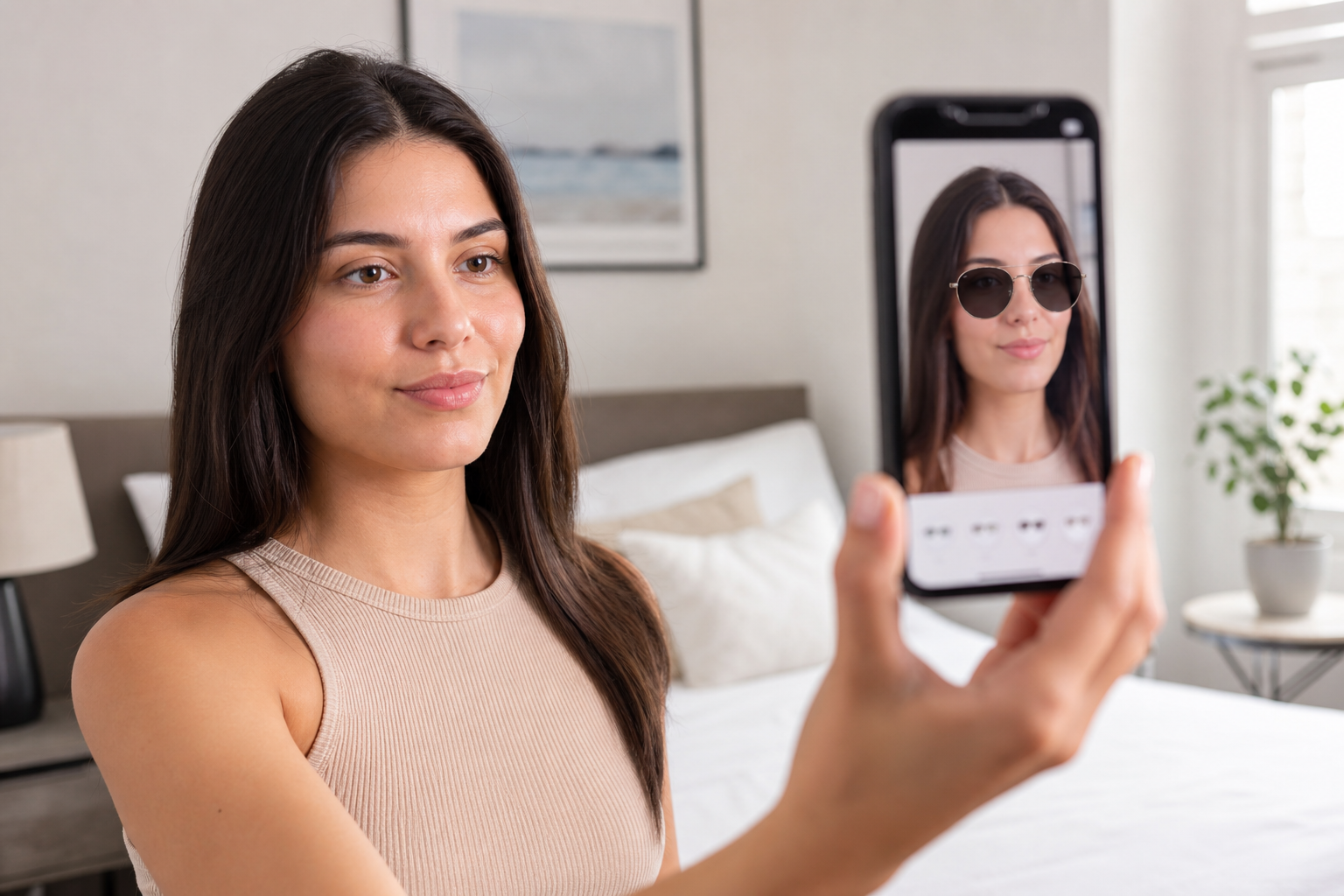 Shopper using a smartphone for virtual sunglasses try-on in a bright room