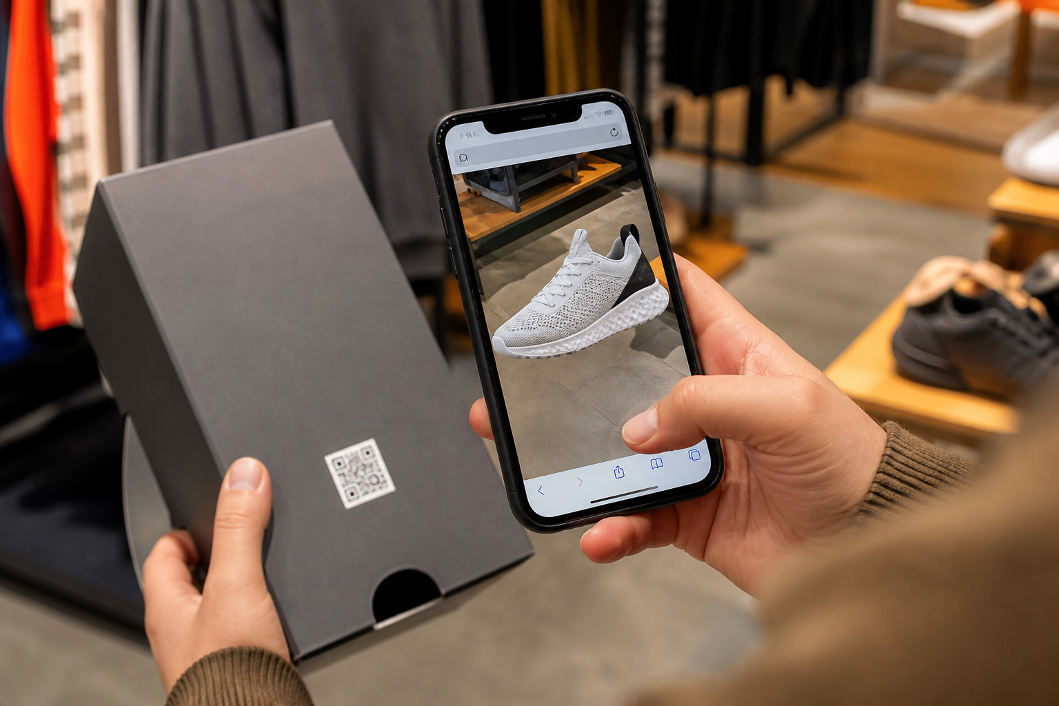 Shopper scanning a QR code on retail packaging to launch a WebAR experience on their phone