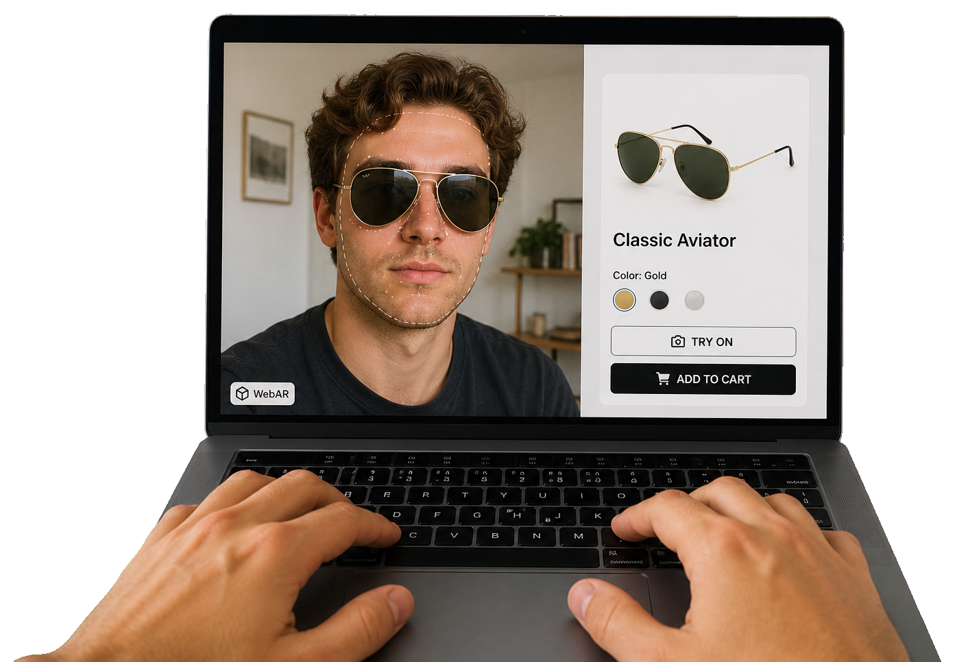 Hands on a laptop showing a virtual try-on AR web app with sunglasses face tracking, WebAR, and add to cart
