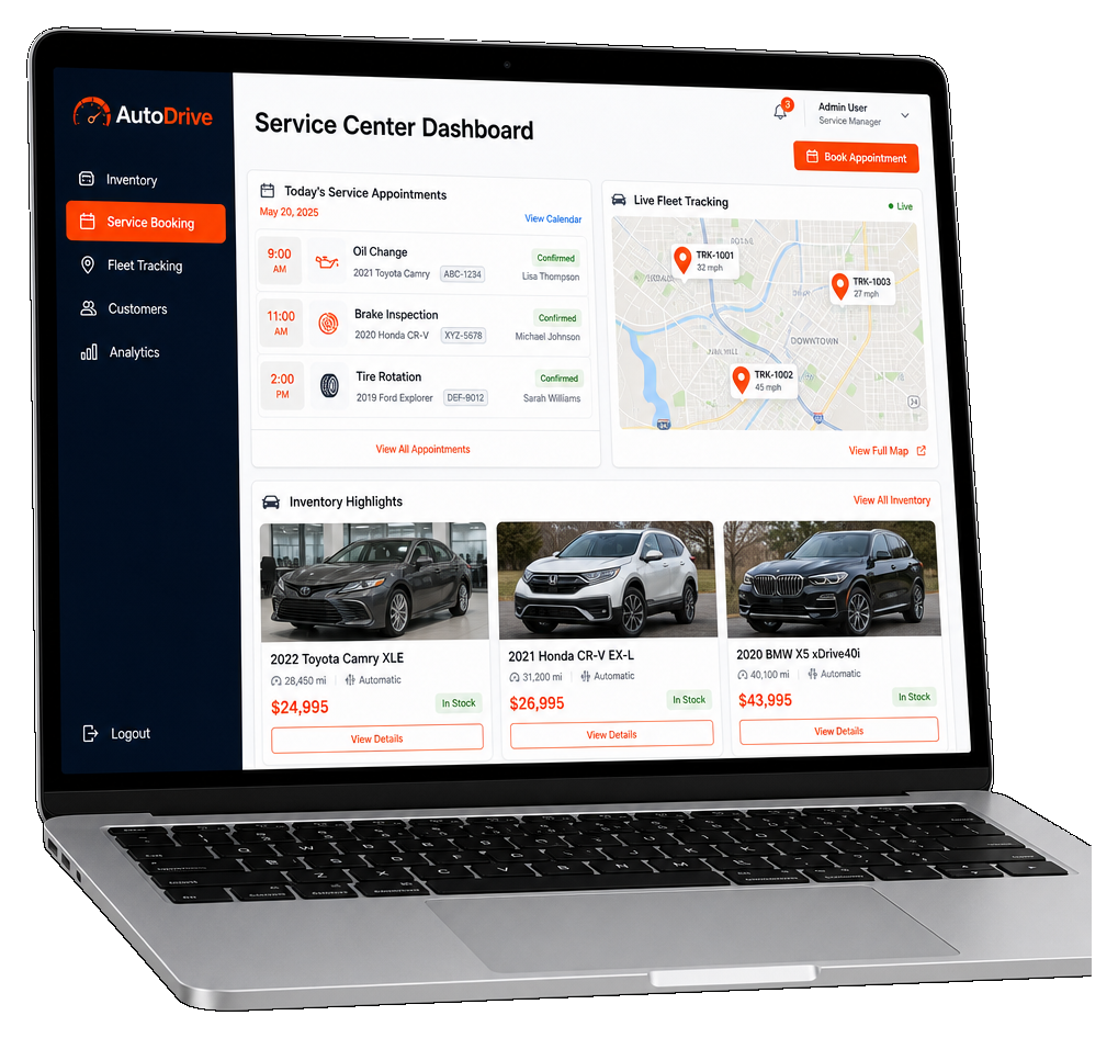 Laptop mockup showing automotive service booking dashboard with fleet tracking and inventory