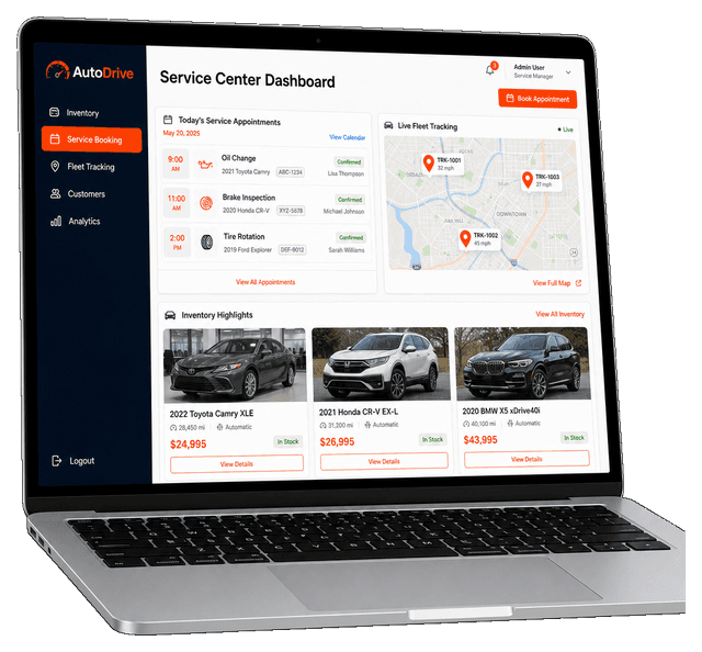 Laptop mockup showing automotive service booking dashboard with fleet tracking and inventory