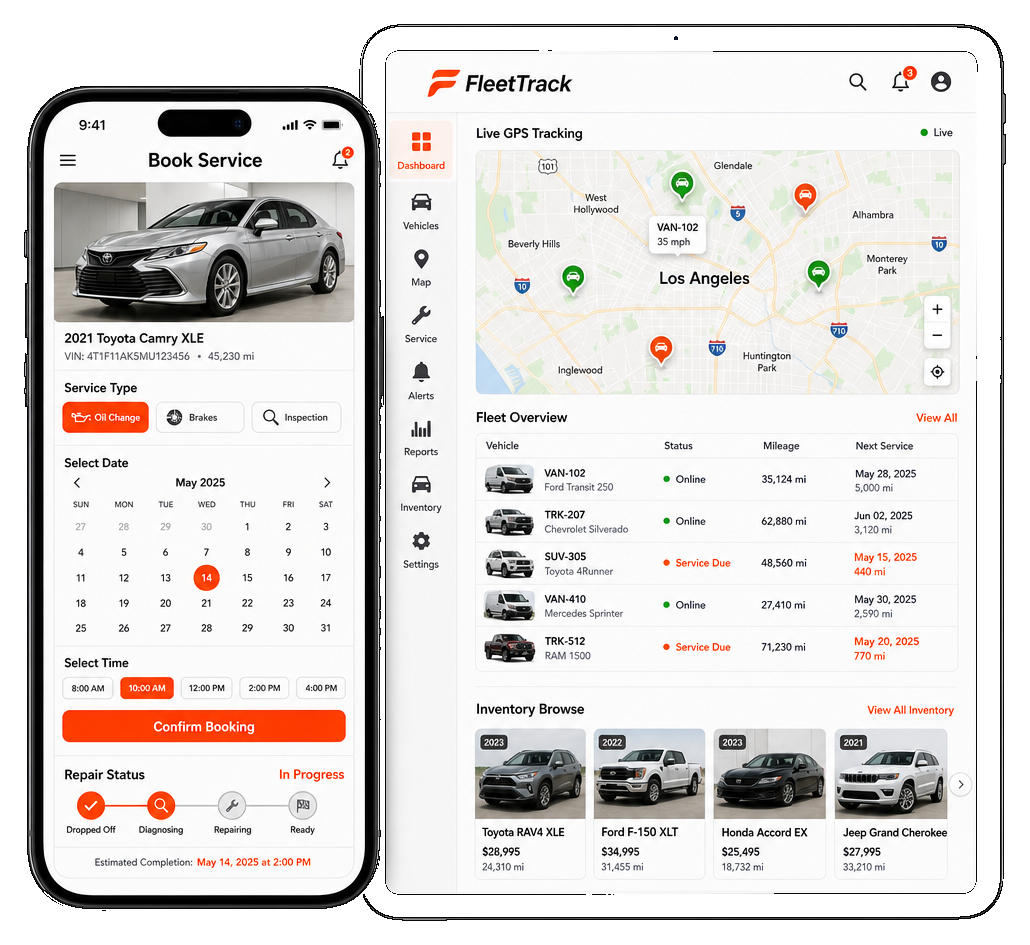 Phone and tablet mockups showing automotive service booking and fleet tracking app