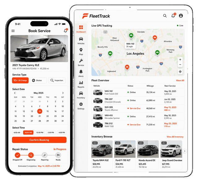 Phone and tablet mockups showing automotive service booking and fleet tracking app