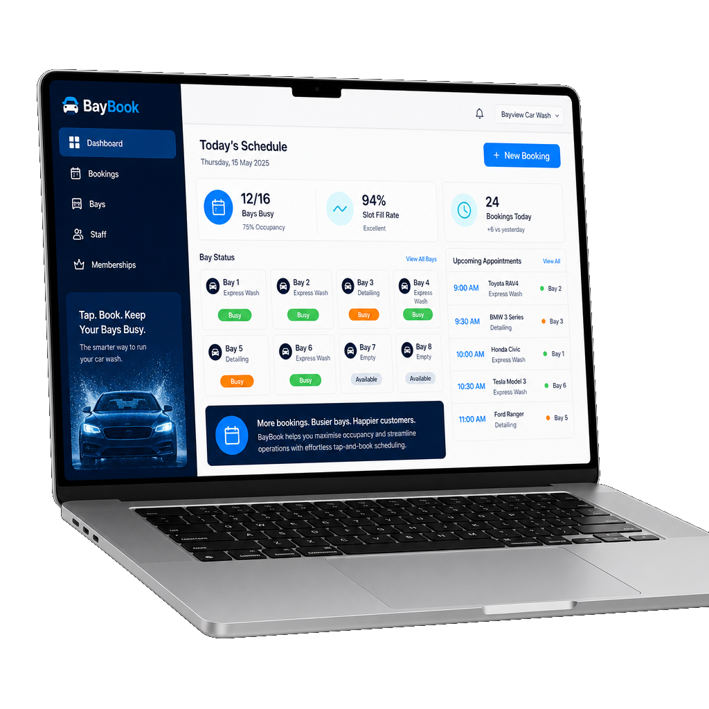 Laptop mockup showing BayBook car wash scheduling dashboard with bay status and slot fill rate