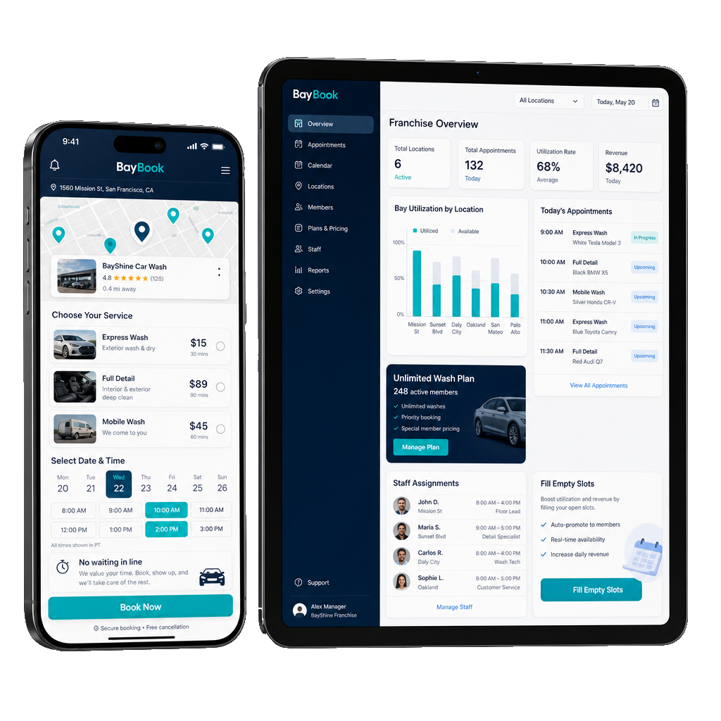 Phone and tablet mockups showing BayBook tap-and-book wash booking and franchise operator panel