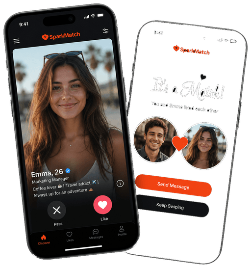 iPhone mockups showing SparkMatch dating swipe and match screens