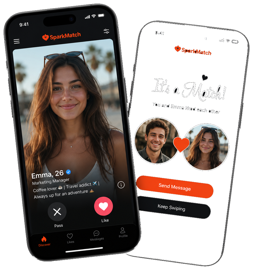 iPhone mockups showing SparkMatch dating swipe and match screens